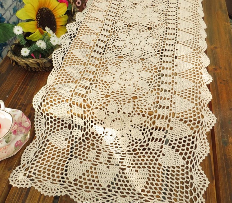 Laivigo Handmade Crochet Lace Table Cloth Doilies Doily,Rectangle,16 x 35 Inch,Beige - Image 3